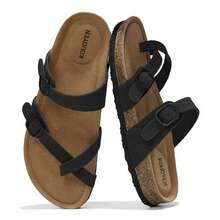 Sandalias de mujer con plantilla de corcho, ajustable con hebilla, cómodas para la playa y el verano, de pala - Negro - Ver 1