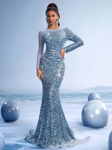 GIFORU 优雅的银蓝色美人鱼晚礼服 - 奢华的水晶装饰婚礼宾客礼服，配有 3D 亮片和透明幻觉袖子，适合庆典/晚会/鸡尾酒会的红毯正式礼服，派对礼服