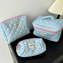 1pc SML Korean Style Plaid Bow Makeup Bag, Large Capacity Portable Travel Toiletry Organizer