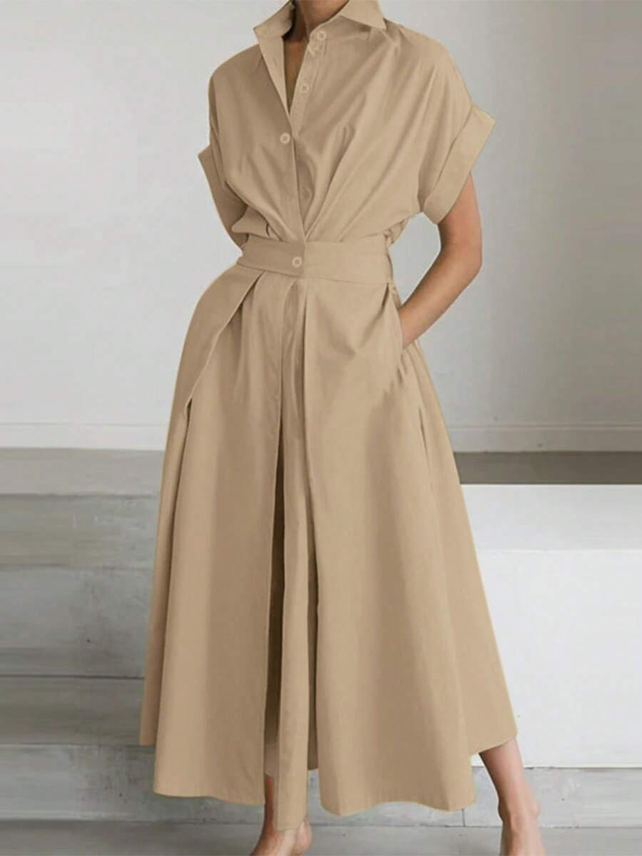 ZANZEA Women Short Sleeve Buttons Elastic Waist Summer Casual Loose Shirt Dresses Office Formal Work Long Dress - 卡其色 - 查看 1