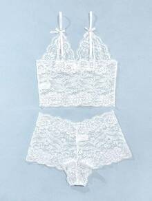 Floral Lace Lingerie Set High Waist Sleepwear Bra And Panty 2 Piece Nightwear 2025 Back-To-School Season Fall Pjs - 白色領結 - 查看 5