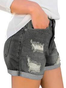 Women's Mid Waist Rolled Edge Ripped Jeans Denim Shorts, Beach Vacations Outfits For Women, Pride Outfits For Women, Fourth July Of Women, Club Outfits - Grey - View 3