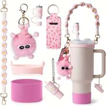 7 piezas de accesorios para la Copa : correa para asa de botella de agua, protector de silicona para taza, soporte para lápiz labial, dijes de llavero y dijes para asa, accesorios de tapa para funda de pajita, compatible con Cup de 40oz/30oz, artículos escolares