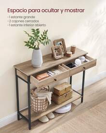 Mesa de Consola, Mesa de Entrada, Mesa de Sofá con 2 Cajones, Marco de Acero, Estable, para Pasillo, Dormitorio, Salón, Estilo Industrial, Marrón Camello y Negro Tinta - Camel - Ver 2