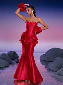 Anymoon Women's Luxury 3D Floral High Waist Mermaid Formal Evening Dress, Suitable For Wedding Guest, Graduation, Prom, Elegant Gown, Luxury Wedding Party Dress, Mother Of The Bride Dress, Ladies Cocktail Party Dress - Red - View 9