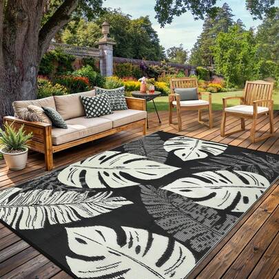 Studyset Outdoor Rug Waterproof 8x10 Reversible Outdoor Plastic Straw Rug Modern Palm Leaves Patio Rug Indoor Outdoor Mat RV Mat Outside Large Outdoor Plastic Straw Rug For Patio Camp Balcony Deck Picnic