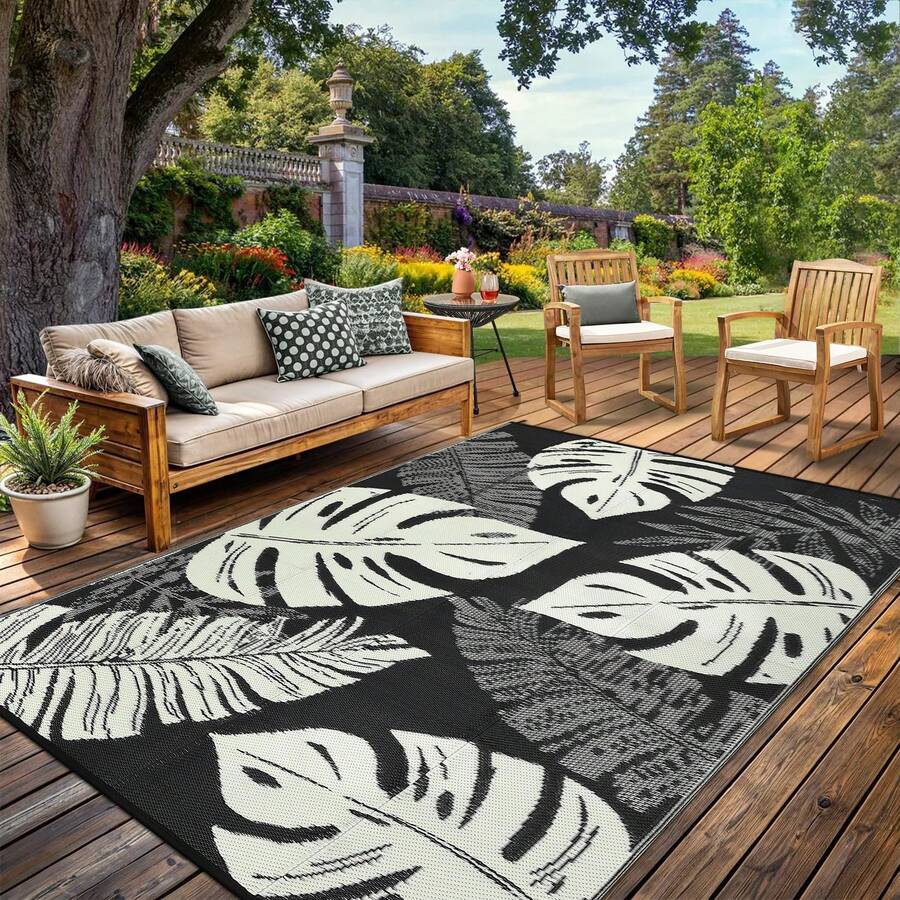 Studyset Outdoor Rug Waterproof 8x10 Reversible Outdoor Plastic Straw Rug Modern Palm Leaves Patio Rug Indoor Outdoor Mat RV Mat Outside Large Outdoor Plastic Straw Rug For Patio Camp Balcony Deck Picnic - 黑色/米色 - 查看 1