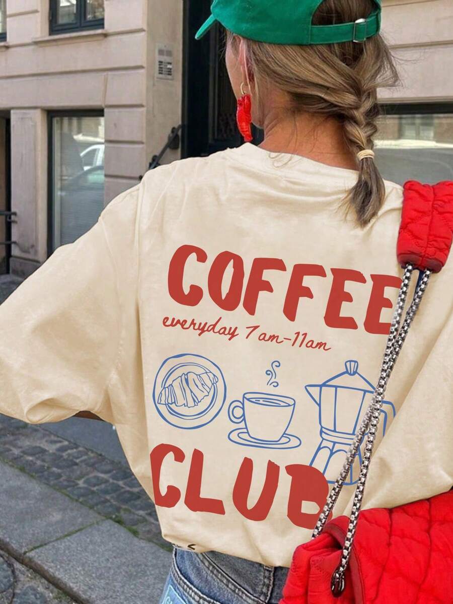 Women's New Casual Coffee & English Print Round Neck White Short Sleeve T-Shirt, Simple & Versatile, Suitable For Daily Wear