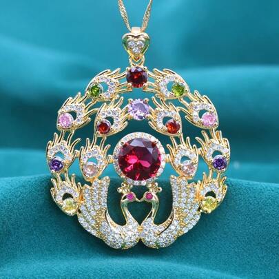 قلادة معلقة مطلية بالذهب عيار 18 قيراط فاخرة ورقيقة مزينة بأحجار الزركونيا متعددة الألوان بتصميم طائر الفينيق - مثالية كهدية لحفلات الزفاف وعيد الحب