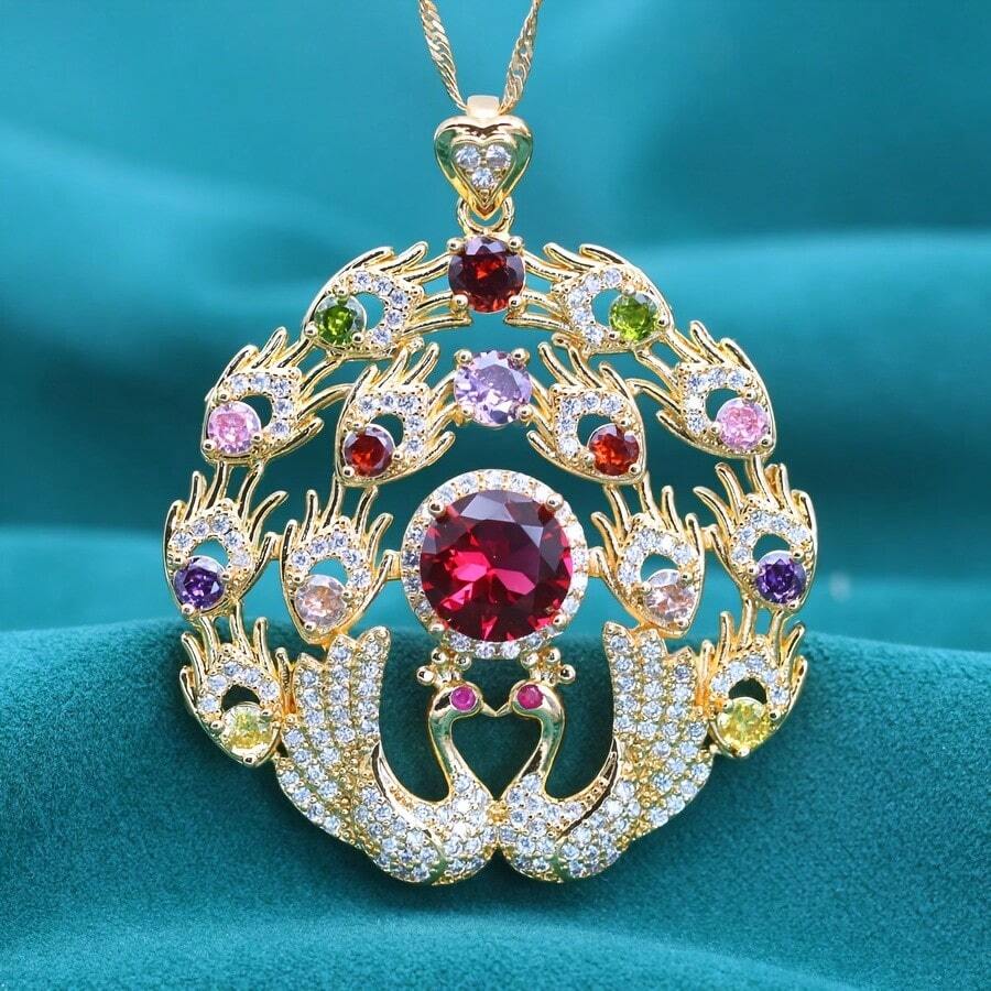 قلادة معلقة مطلية بالذهب عيار 18 قيراط فاخرة ورقيقة مزينة بأحجار الزركونيا متعددة الألوان بتصميم طائر الفينيق - مثالية كهدية لحفلات الزفاف وعيد الحب