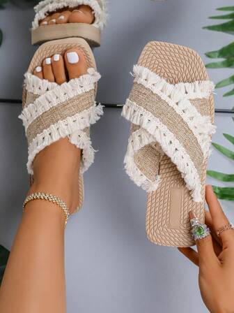 Dam 2025 Nya Mode Sommar/Vår/Höst Utomhus Sexiga Öppen Tå Platta Sandaler Med Korsade Remmar, Lätta, Bekväma, Andningsbara, Halkfria, För Strand, Hemma