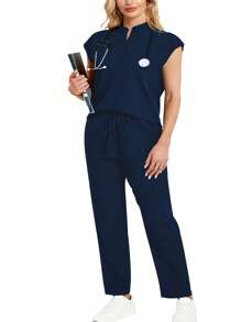 cimmuovere 立领无袖宽松上衣和实用多口袋裤子制服套装