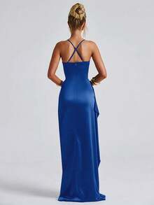 优雅性感缎面无肩带荷叶边腰身派对礼服、伴娘礼服、正式婚礼春季礼服 - 寶藍色 - 查看 2