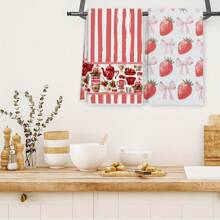 2pcs Set, Cartoon & Simple Striped Strawberry Kitchen Towel, Hand Towel, Polyester Dish Cloth, Soft Absorbent Drying Cloth, Kitchen & Cleaning Supplies, Bathroom Essentials