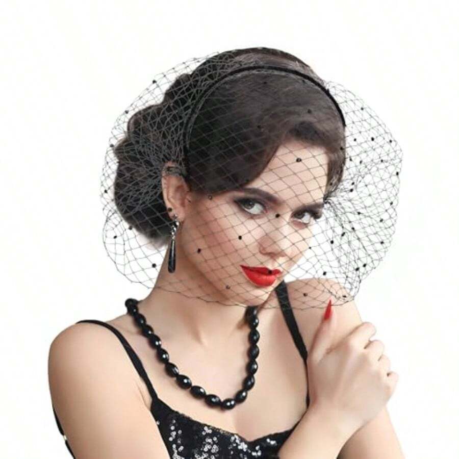 Velo de viuda de jaula de pájaros negra con velo de malla y diadema de fascinador con strass negros para sombreros para té, ceremonias fúnebres, servicios conmemorativos, iglesia, para mujeres - como en la foto - Ver 1