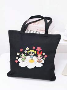 THE POWERPUFF GIRLS Cartoon Superhero Policewoman Minimalist & Stylish Canvas Shoulder Tote Bag, Casual Large Capacity Daily Work Commute Foldable Shopping Handbag