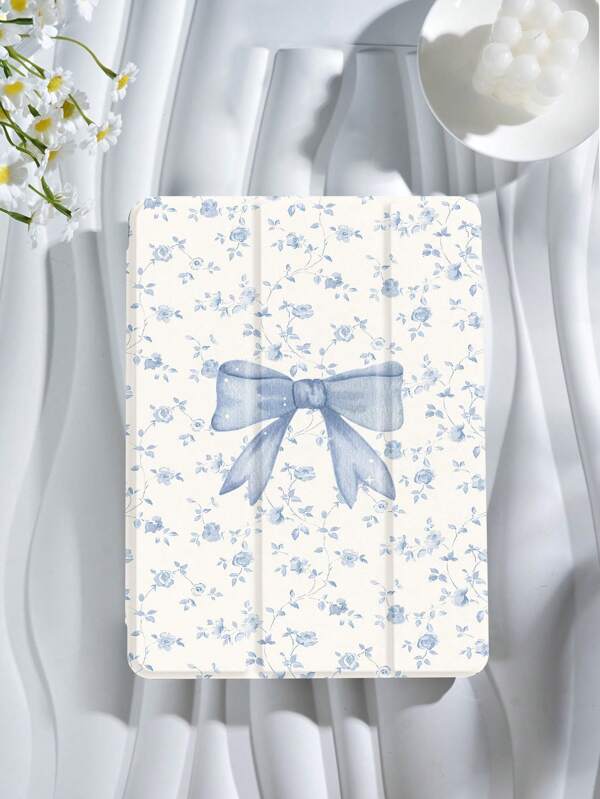 Bow-Knot Light Blue Roses And Bows Pattern Tablet Protective Case,Compatible With IPad 9.7/10.2/10.5/10.9/12.9/Pro 11, 10th Gen,Compatible With Samsung Galaxy Tab S6 Lite 10.4 Inch,Compatible With Kindle Paperwhite 12th Gen 2024,Kindle (11th Generation) 2022 Release,Soft Anti-Fall Protection,Smart Stand/Automatic Wake Up/Sleep