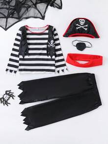 5pcs/Set Boys' Halloween Party Pirate Costume, Long Sleeve Striped Shirt + Pants - Black - View 1