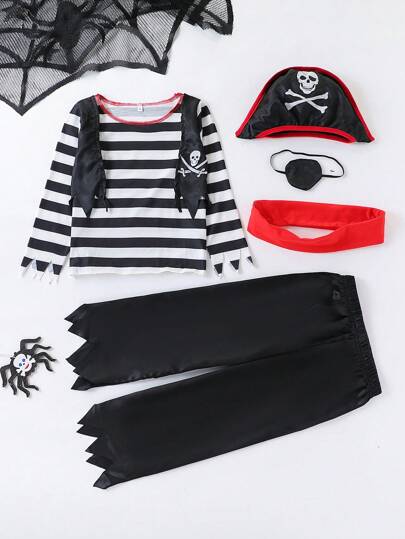 5pcs/Set Boys' Halloween Party Pirate Costume, Long Sleeve Striped Shirt + Pants