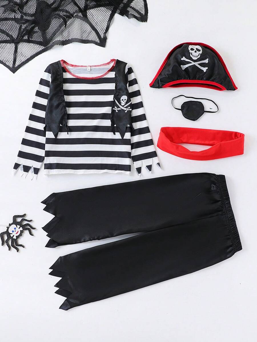 5pcs/Set Boys' Halloween Party Pirate Costume, Long Sleeve Striped Shirt + Pants - Black - View 1