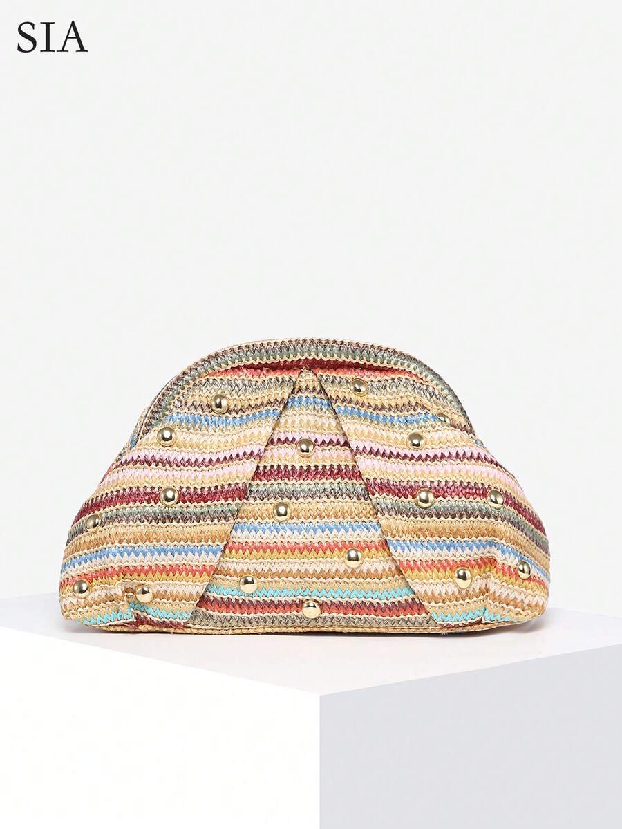 女士复古简约钩针编织托特海滩包，海洋贝壳纹理，安哥拉红铆钉装饰，大容量褶皱云夹手拿包，适合派对、日常搭配 - 彩色 - 查看 1