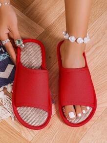 Women's Red Linen Slip-On Slippers, Summer New Breathable Anti-Slip Linen One-Toe Flip Flops, Casual Couple Style Open Toe House Slippers