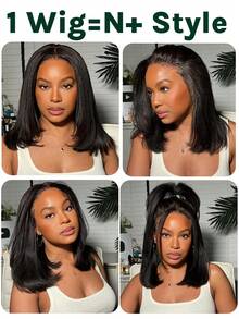 12英寸Yaki直发波波头假发，真人混纺发丝，告别打结，无需胶水，13x4蕾丝前假发，女士款，预漂白，预拔毛，即戴即走，易于佩戴，带婴儿发。 - 自然色&黑色系 - 查看 9