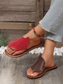 夏季新款双色芒果女士一脚蹬休闲平底凉鞋 - 紅棕色 - 查看 3