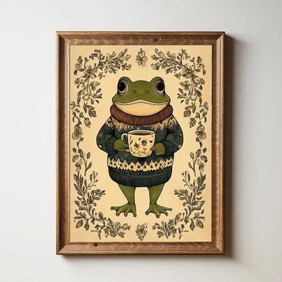 1pc Framed/Frameless Cozy Cottagecore Botanical Frog Nursery Wall Art Canvas Poster Print Minimalist Whimsical Folk Art Aesthetic Decor Painting For Apartment,Living Room,Bedroom,Modern Home Decoration