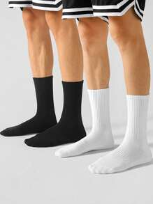 1/10/12 Pairs Men's Black & White Solid Color Mid-Calf Socks, Sports/Casual Comfortable Everyday, Home, Travel, Business Socks, Suitable For All Seasons