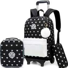 Set de 3 mochilas con ruedas para niñas - Mochila con ruedas para estudiantes de primaria - Equipaje de mano tipo mochila - El mejor regalo para niñas - Bolso con ruedas Love con estampado dorado multicolor - Ver 1