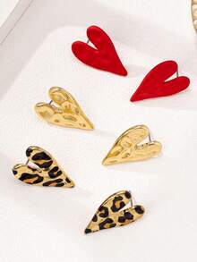 1 对/3 对合金豹纹心形皱纹设计耳环，适合女士，爱情派对可爱心形耳环，情人节，妈妈，母亲节，礼物 - 金黃色 - 查看 7