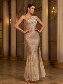 Missord Asymmetrical Neck Split Thigh Sequin Formal Dress Elegant Prom Evening Wedding Guest Gown, For Graduation, Dinner Party Dress