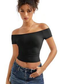 Women Double Lined Off Shoulder Tops Fitted Going Out Basic Shirts - Jet Black - View 4