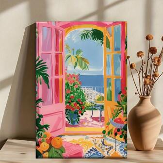 Vibrant Ocean View Canvas Art - Unframed Colorful Coastal Painting With Palm Trees, Sea Breeze, And Lush Greenery - Perfect For Living Room, Office, Or Cafe Decor - Ideal Gift For Birthdays, Holidays, And Valentine's Day
