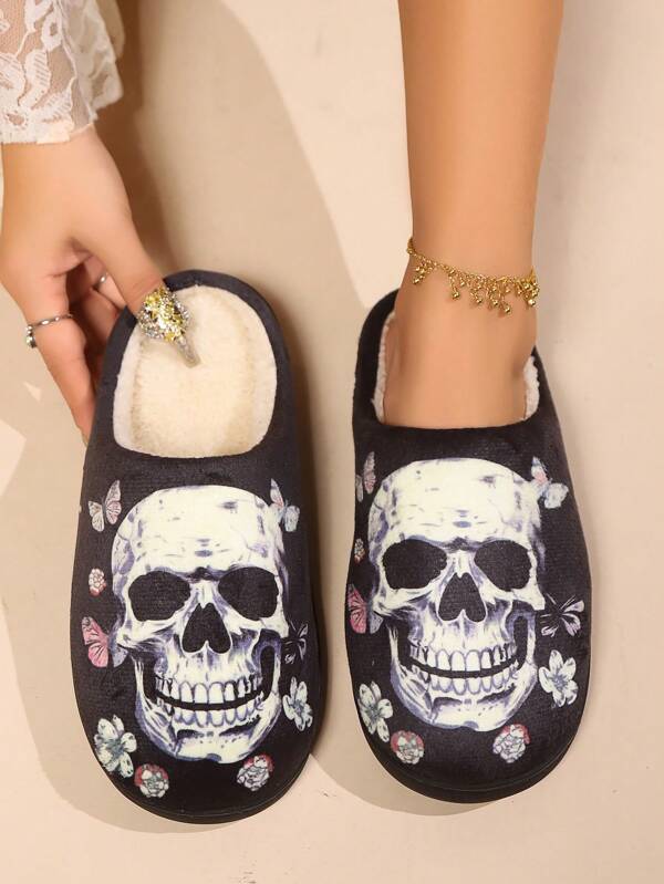 2025 Autumn/Winter Unisex Gothic Rose Skull Pattern Thermal-Lined Slide Slippers, Comfortable Soft Sole, Suitable For Bedroom And Living Room, Halloween, Gift