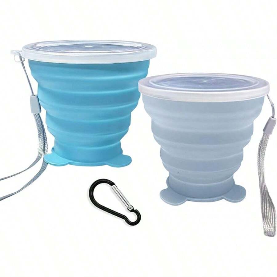 Collapsible Cup-Silicone Small Foldable-Expandable Folding Drinking-Reusable Portable Mugs Cups With Lids Travel, Camping, Hiking, Holiday, Outdoor Sports, Indoors - 天藍色+藍色 - 查看 1