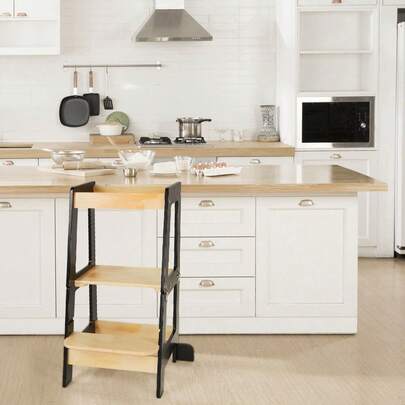 Foldable Kitchen Step Stool With Railing, Blackboard, Learn To Stand Kitchen Counter Tower