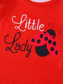 6pcs/Set Girls Casual "English Letter", "Bee", "Butterfly", "Ladybug" Printed Top & Matching With Bowknot, "Bee", "Butterfly", "Ladybug" All Over Print Random Cut Shorts Outdoor Suit, Spring/Summer