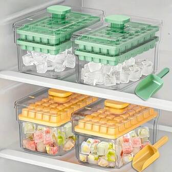 1PC 68-Grid Double-Layer Ice Cube Tray With Easy Press-Out Mold And Storage Box. Quick Freezing Kitchen Tools For Beer, Cocktails And Fresh Fruit Impregnation - Green Beverage Refrigeration | User-Friendly Products | Transparent Ice Cube Tray For Freezer