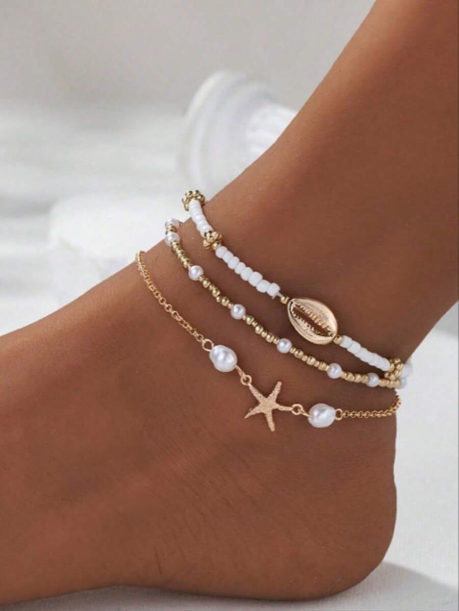 3pcs/Set Bohemian Beaded Shell Starfish Charm Anklet Bracelet Set For Women, Beach Vacation Party Accessories (Styles Vary)