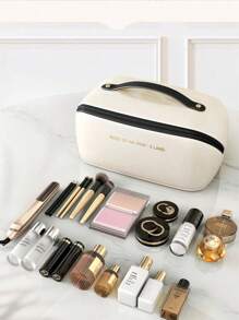 1pc Travel Dual Layer Cosmetic Bag, PU Leather Waterproof Makeup Bag, Large Capacity Toiletry Pouch, Beach Bag, Travel Bag, Portable Makeup Organizer, Makeup Brush Holder, Essential For Holiday, Gift For Friends, Mother's Day, Teacher, Bridesmaid