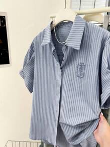 YUXIN 女士竖条纹刺绣短袖衬衫，夏季时尚立领宽松休闲上衣