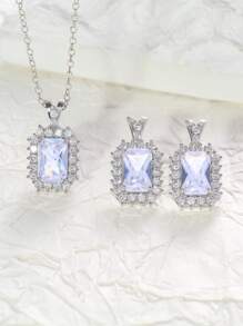1 Set Square Shaped Zirconia Decorated Copper Earrings And Necklace Suit, Suitable For All Year Round, Adding Luxurious And Refined Touch To Every Seasonal Look, Showcasing Personalized And Fashion
