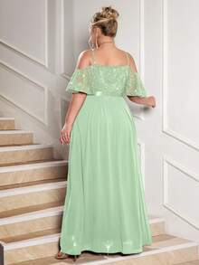 露肩细肩带亮片花卉蕾丝撞色雪纺开衩大腿下摆晚宴派对长裙，夏季连衣裙，优雅正式舞会婚礼宾客礼服，毕业典礼、晚宴、返校节等场合适用 - 薄荷綠 - 查看 2