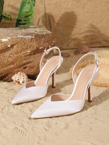 On feet& in love Fall/Winter 2025 Women's Fashionable Elegant Pointed Toe White Stiletto Heel Slingback Buckle High Heels Suitable For Dress, Elegant, Women Pumps,Elegant,Party Outfits,Wedding Outfits - White - View 7