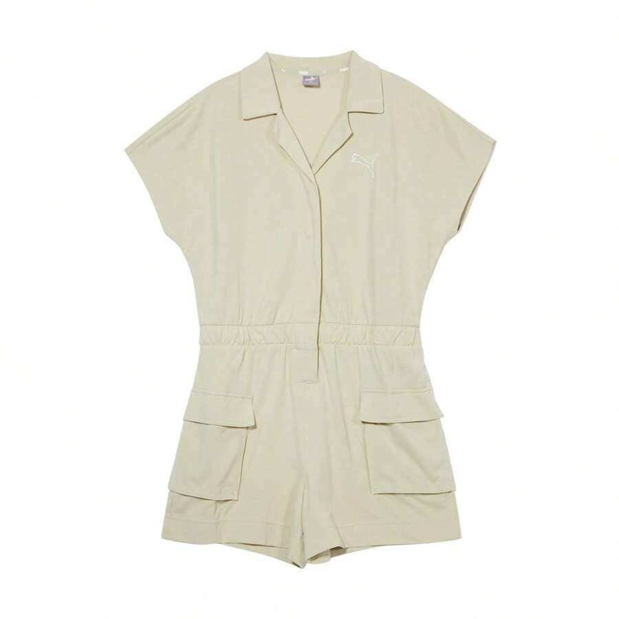 Puma Women's Cotton Sleeveless Casual Summer Jumpsuit With Shorts, Slimming Design - Moss Green - View 1