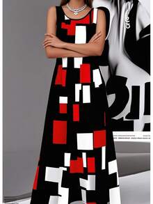 Plus Size Pocket All Over Print Summer Dress Vacation Casual Daily Wear Spring Summer Outfits Sleeveless Geometric Print Long Dress - Multicolor - View 3