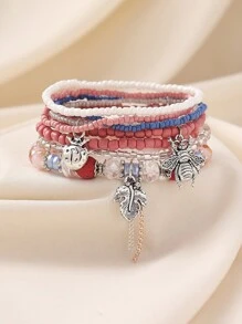 8 Stücke/Set Boho Marienkäfer, Bienen, Blatt, Insekten Perlen Armreifen, geeignet für Frauen im täglichen Bohème-Stil, Strandurlaubs-Style