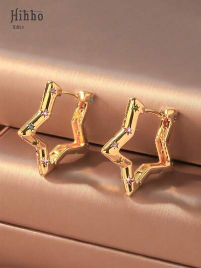 Hihho 2pcs Bright Color Cubic Zirconia Embedded Smooth Pentagram Cubic Zirconia Hoop Earrings For Women, Unique Creative Stars Earrings For Daily Wear, Holiday Party Gifts